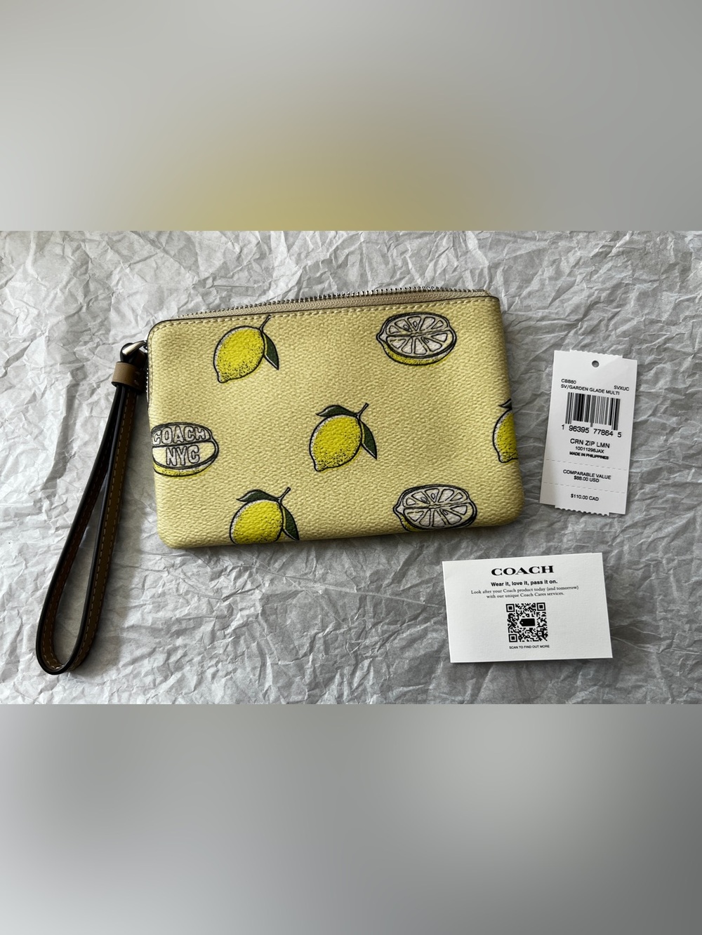 Coach Yellow Lemon Pattern Wristlet NWT